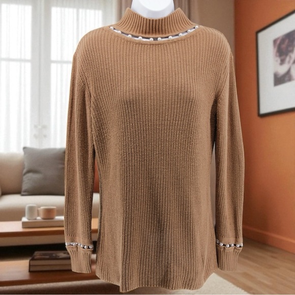 Venus Caramel Brown Faux Pearl Eyelet Detail Ribbed Long Sleeve Holiday Party M - Picture 1 of 10